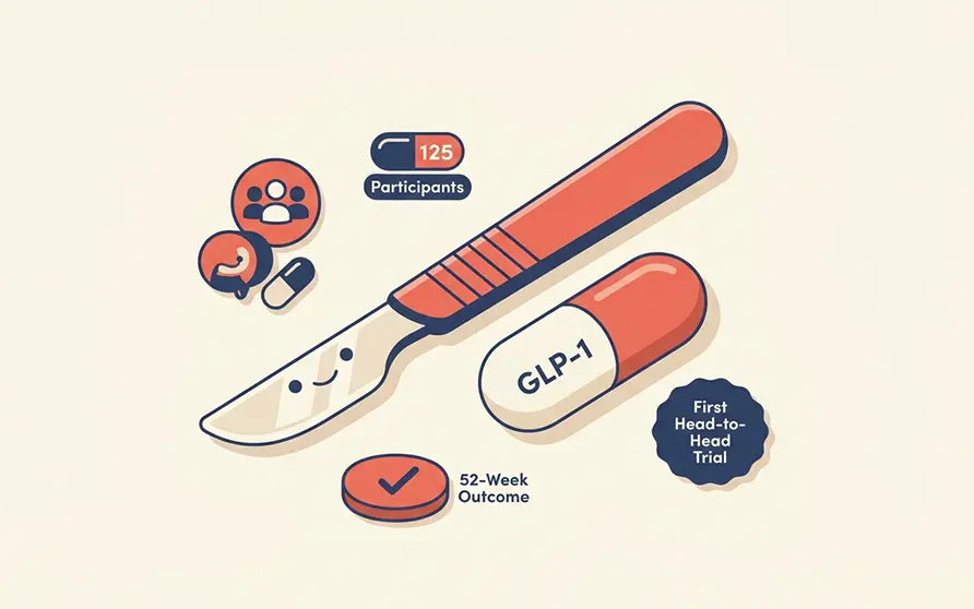 Surgical scalpel and a GLP-1 medication capsule side by side, illustrating the Cleveland Clinic trial comparing bariatric surgery against semaglutide and tirzepatide for weight loss in adults with obesity