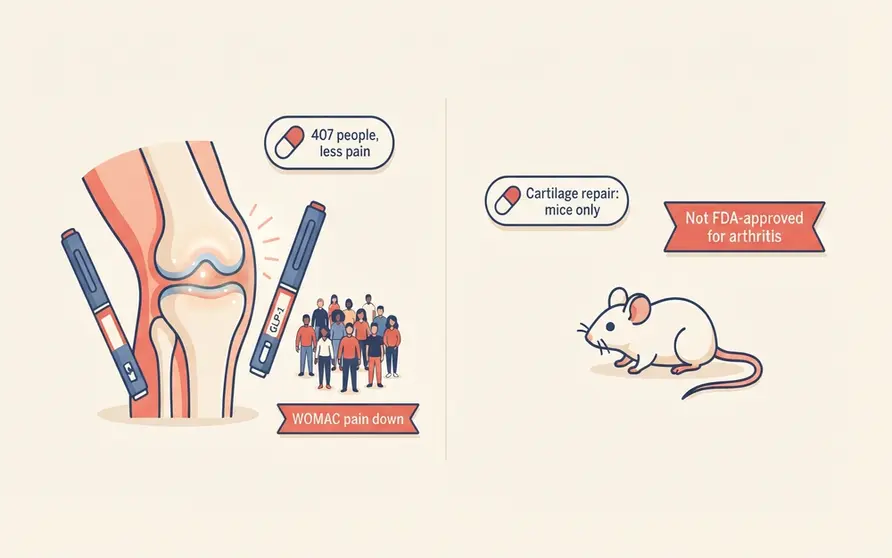 Illustrated knee joint with a highlighted cartilage layer beside a GLP-1 injection pen, one panel showing a human trial marked 407 people and less pain and a second panel marked mice only for cartilage repair, showing that semaglutide reduced knee-arthritis pain in people but that cartilage regrowth has so far only been demonstrated in animals