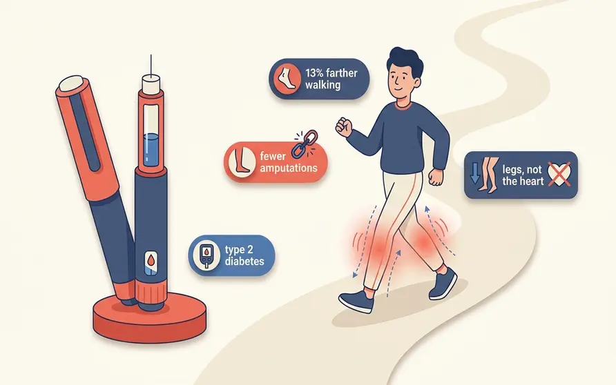 Illustration of a person walking farther along a path beside a GLP-1 injection pen, with small badges for peripheral artery disease and leg pain, showing that semaglutide in Ozempic improved walking distance and is linked to fewer amputations in people with PAD and type 2 diabetes