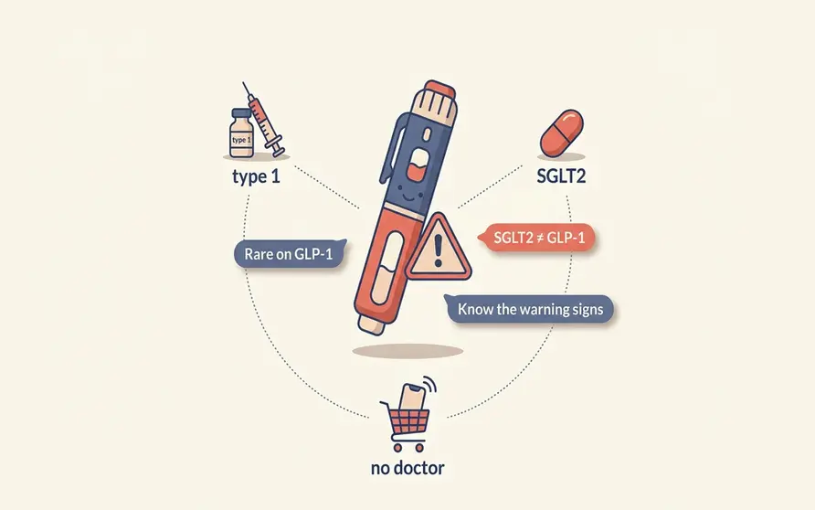 Illustrated GLP-1 injection pen beside a warning triangle and three labelled situation icons for type 1 diabetes, an SGLT2 inhibitor pill and unsupervised weight-loss use, showing that ketoacidosis on Ozempic, Wegovy and Mounjaro is rare but clusters around specific circumstances