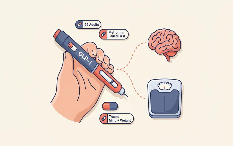 GLP-1 semaglutide injection pen beside a brain and scale icon, illustrating the CAMH trial testing whether semaglutide helps people with schizophrenia and antipsychotic-induced weight gain who did not respond to metformin