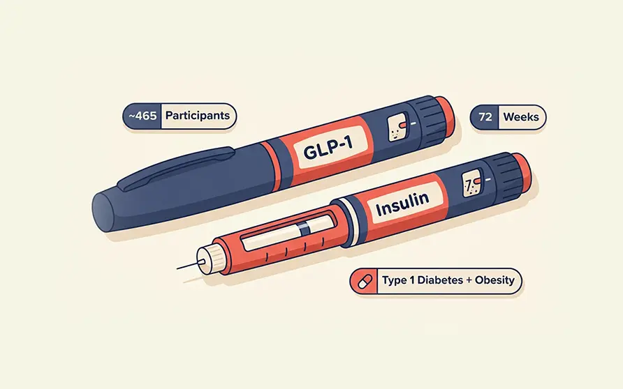 GLP-1 medication capsule with red beadlets beside an insulin pen, illustrating the SURPASS-T1D-2 trial testing weekly tirzepatide for adults with type 1 diabetes and obesity