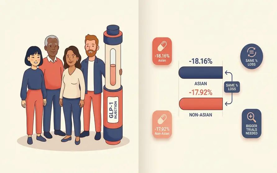 Illustration of a diverse group of people standing beside a GLP-1 injection pen and a bar chart comparing weight-loss results, showing that GLP-1 drugs like Ozempic and Mounjaro produce broadly similar percentage weight loss across ethnicities but that trials are too small to prove equal results
