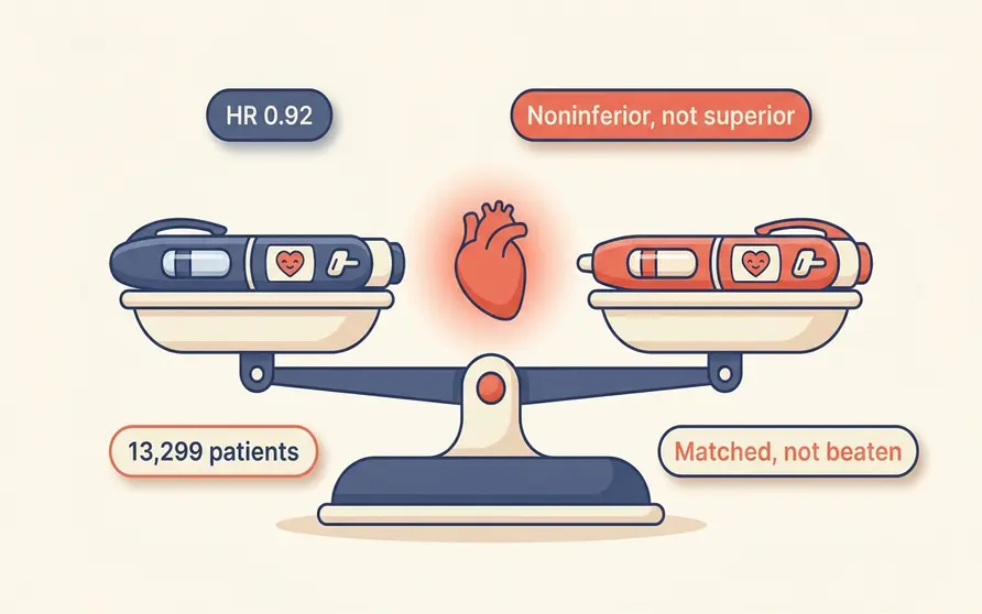 Illustration of a Mounjaro injection pen and a rival GLP-1 pen balanced on a scale beside a heart, with badges reading noninferior and superiority missed, showing that the 2026 SURPASS-CVOT trial found tirzepatide matched but did not beat dulaglutide for cardiovascular events in type 2 diabetes