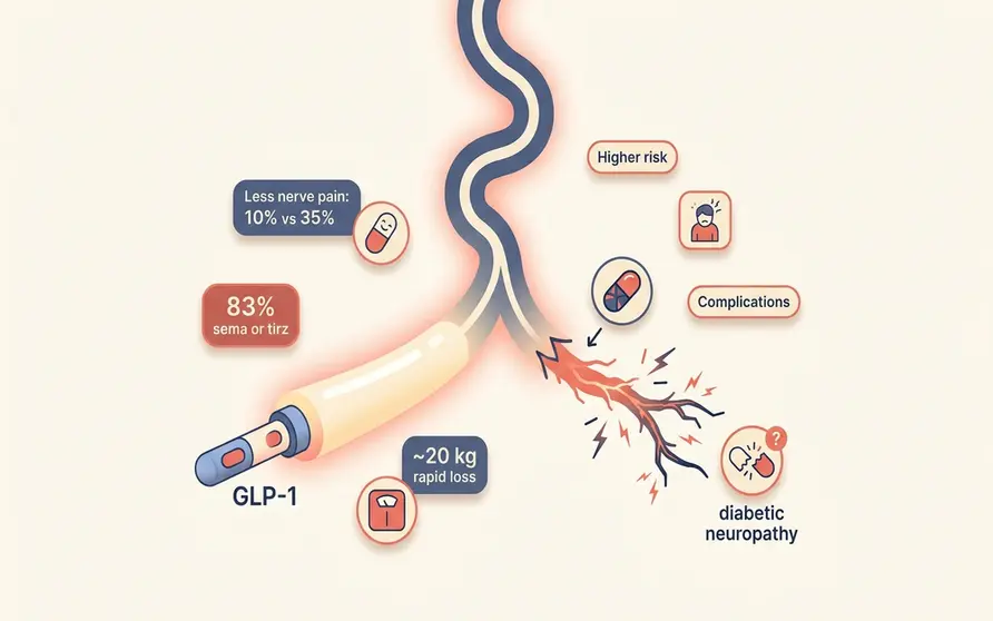 Illustration of a nerve pathway splitting into two directions, one calm and one frayed, beside a GLP-1 injection pen and a small vitamin badge, showing that in type 2 diabetes GLP-1 drugs are linked to less nerve pain while rapid weight loss can rarely cause a nutritional nerve injury