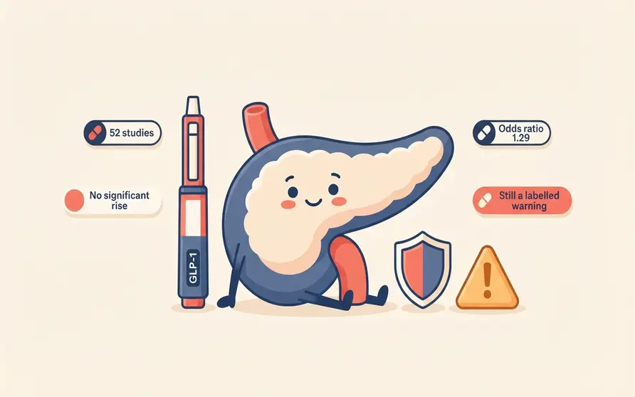 Illustrated pancreas beside a GLP-1 injection pen with a shield and a warning triangle, showing that a 2026 meta-analysis found no significant pancreatitis increase on Ozempic, Wegovy, Mounjaro and Zepbound while acute pancreatitis stays a labelled warning