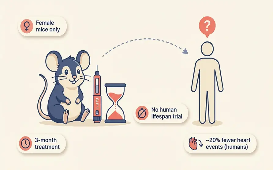 Illustration of a laboratory mouse beside a GLP-1 injection pen and an hourglass, with a dashed arrow pointing to a human silhouette marked with a question mark, showing that a Nature study extended lifespan in mice on semaglutide but that the result is not proven in humans