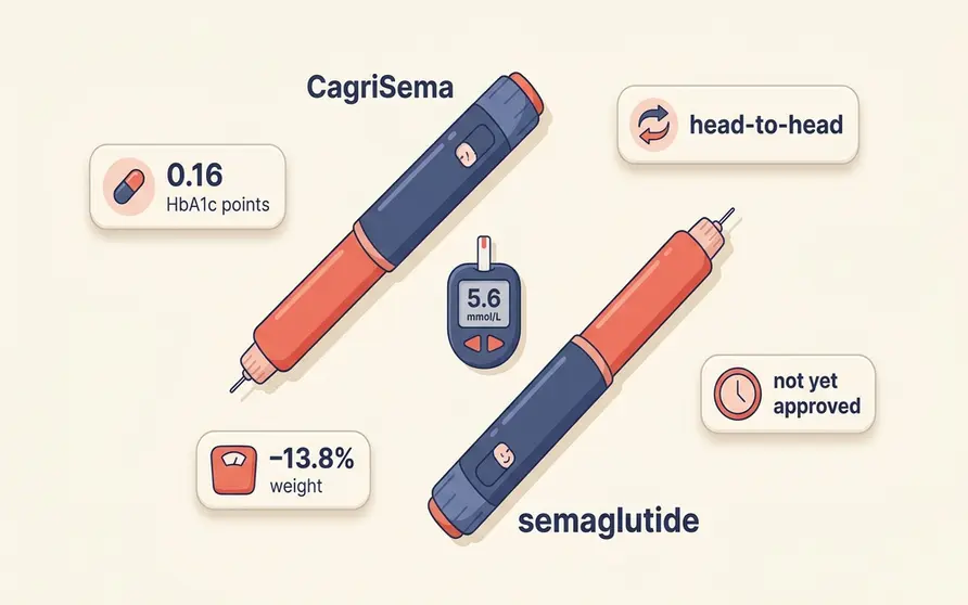 Illustration of two small medicine vials labelled cagrilintide and semaglutide flowing together into a single once-weekly CagriSema injection pen, beside a downward-trending blood-sugar line and a small 0.16 points badge, showing how Novo Nordisk's CagriSema combines an amylin drug with the GLP-1 in Ozempic and slightly out-lowered HbA1c in the 2026 REIMAGINE type 2 diabetes trials