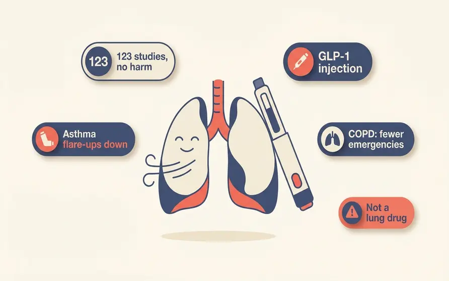 Illustration of a healthy pair of lungs breathing easily beside a GLP-1 injection pen, with small badges for asthma and COPD, showing that Ozempic, Wegovy and Mounjaro do not appear to harm breathing and are linked to fewer respiratory flare-ups