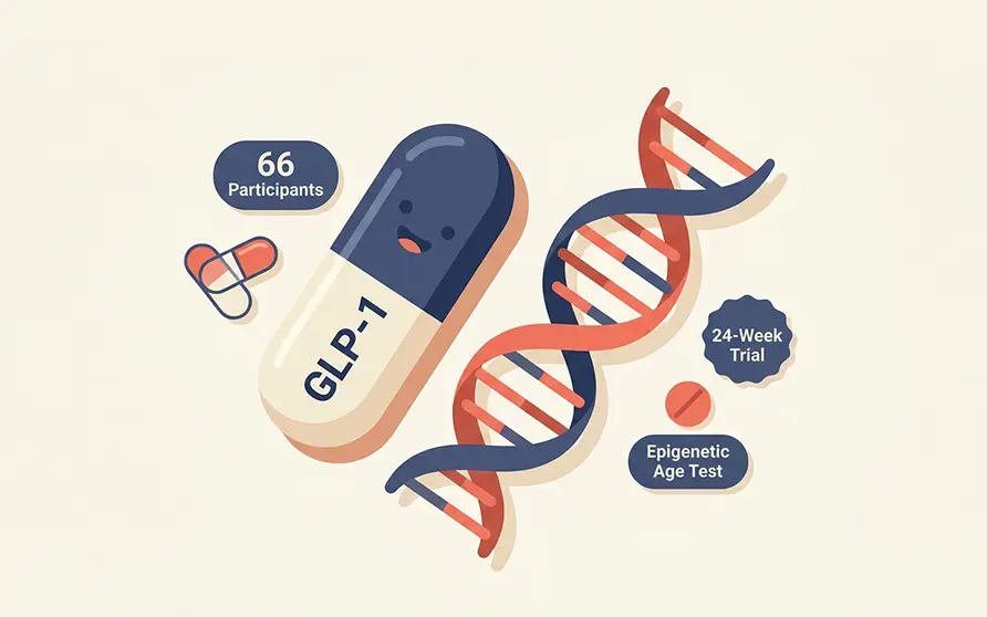 GLP-1 medication capsule beside a DNA double helix strand, illustrating the Zhejiang University trial testing whether semaglutide or tirzepatide slow epigenetic aging measured by DNA methylation testing