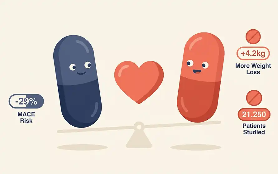 GLP-1 medication capsule next to a heart diagram, illustrating the cardiovascular comparison between semaglutide (Ozempic, Wegovy) and tirzepatide (Mounjaro, Zepbound) - a 29% lower risk of major cardiovascular events with semaglutide in a real-world study of 21,250 patients