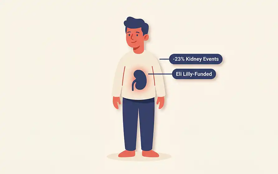 GLP-1 medication capsule next to a kidney diagram, illustrating the kidney protection from tirzepatide (Mounjaro) versus dulaglutide (Trulicity) - 23% lower risk of major kidney events in the SURPASS-CVOT trial of 13,000+ patients