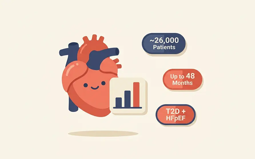 GLP-1 medication capsule with red beadlets beside a heart icon, illustrating the NCT06980623 study comparing tirzepatide and semaglutide in patients with type 2 diabetes and heart failure with preserved ejection fraction