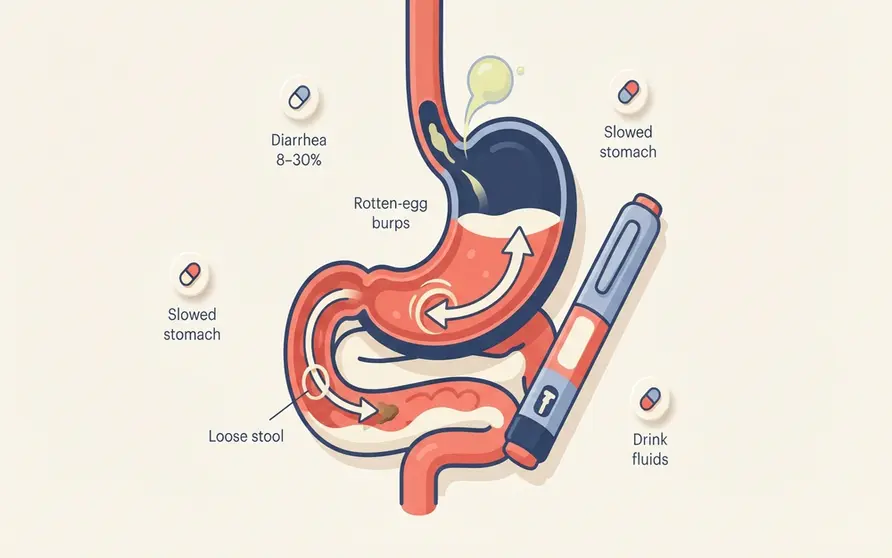 Illustrated digestive tract with a rushing water droplet and a rotten-egg gas bubble beside a GLP-1 injection pen, with a water glass and a low-fat meal nearby, showing why Ozempic, Wegovy, Mounjaro and Zepbound cause diarrhea and sulfur burps and what helps