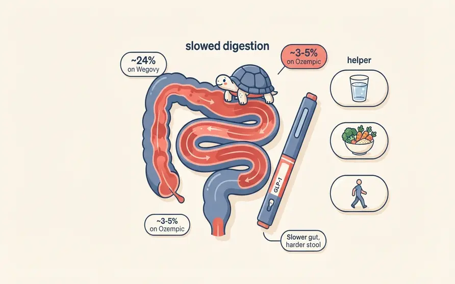 Illustrated digestive tract slowed to a crawl beside a GLP-1 injection pen, with a water glass, fibre-rich foods and a walking figure nearby, showing why Ozempic, Wegovy, Mounjaro and Zepbound cause constipation and what helps relieve it